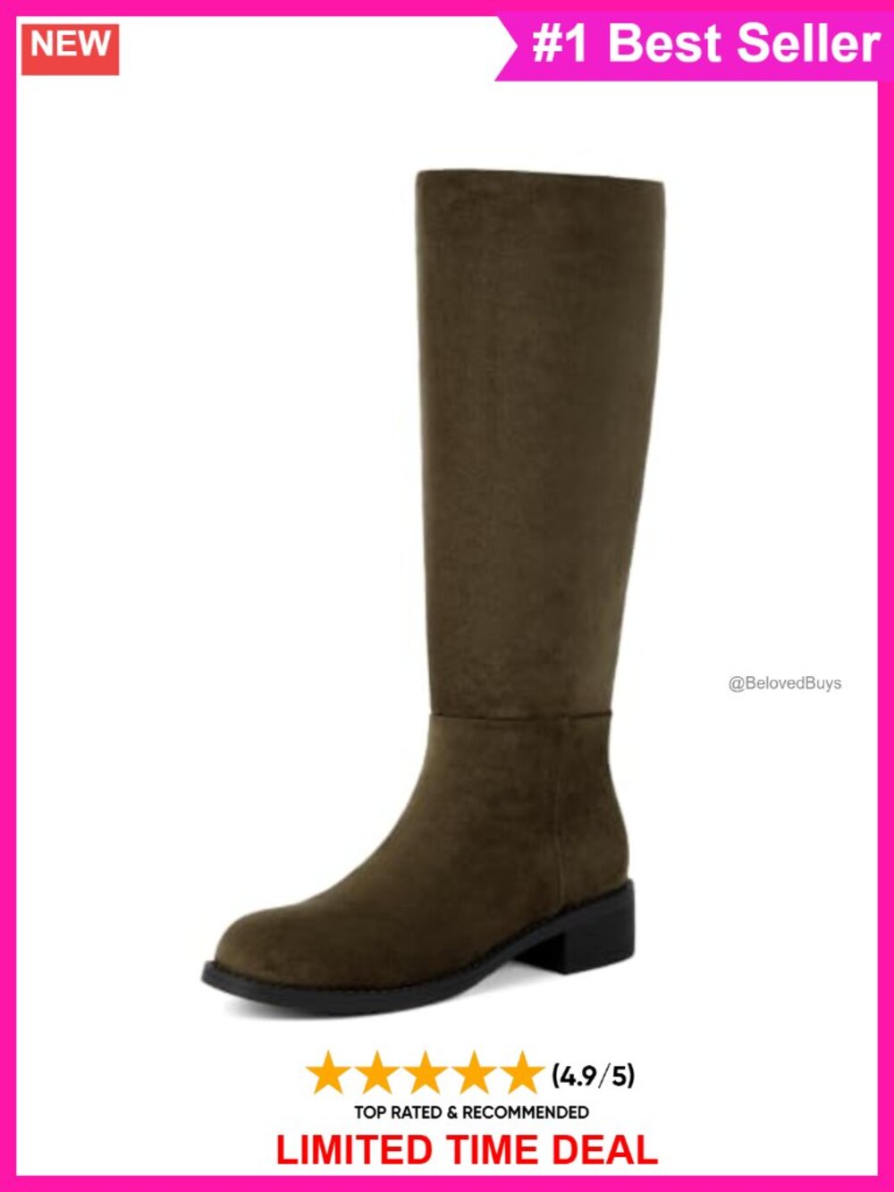 Women's Knee High Flat Boots Low Chunky Heel Round Toe Tall Faux Suede Zip